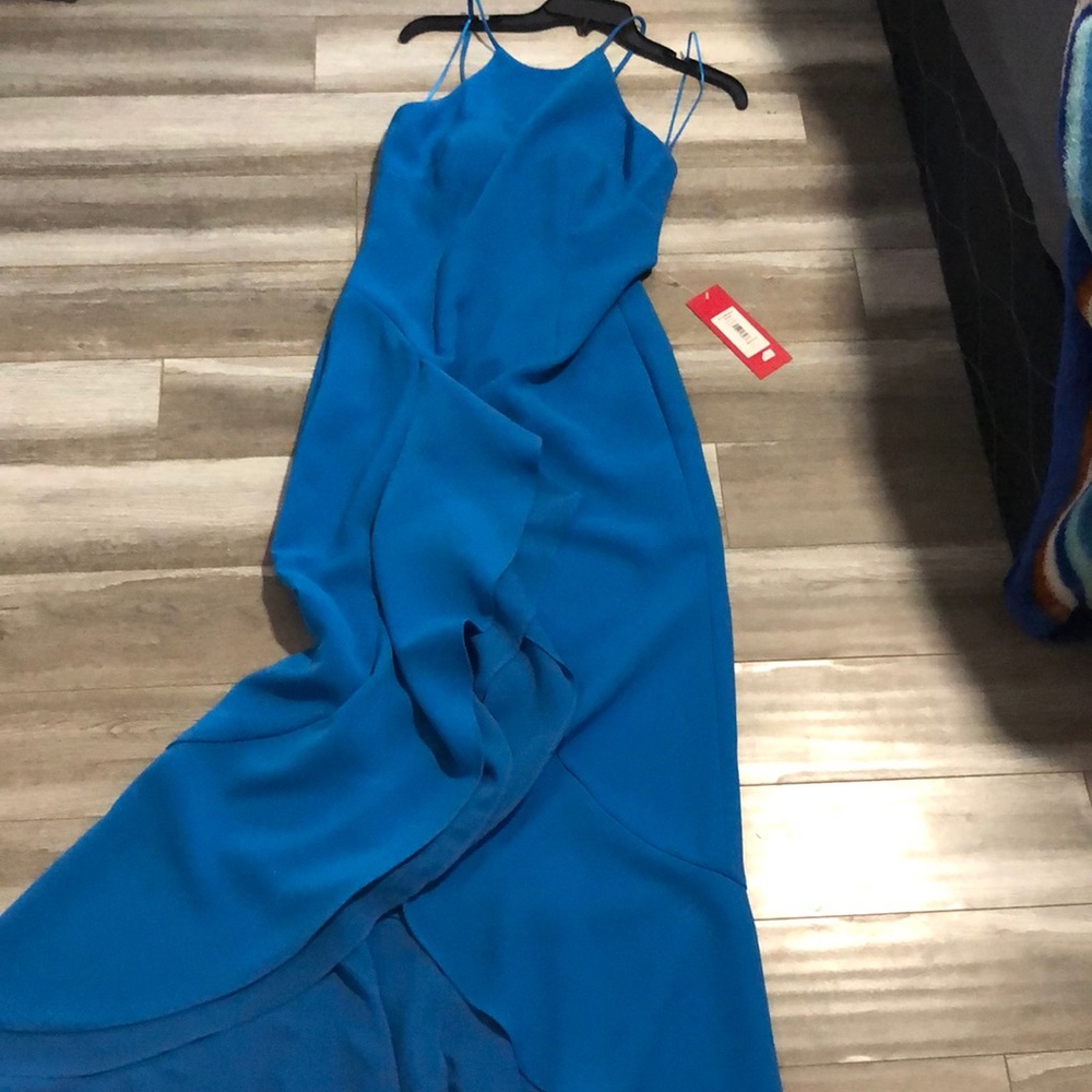 Form fitting blue slit formal dress
